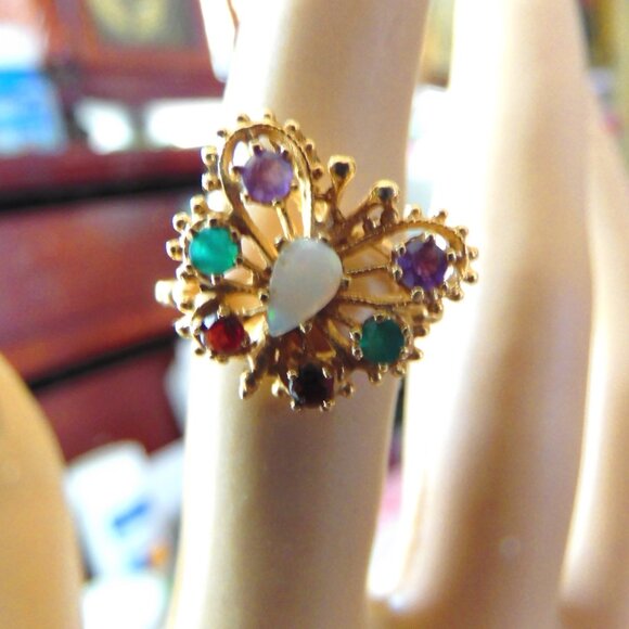 VINTAGE 14K BUTTERFLY RING with 7 GEM STONES - 14k SZ 6 1/4 - Picture 6 of 7